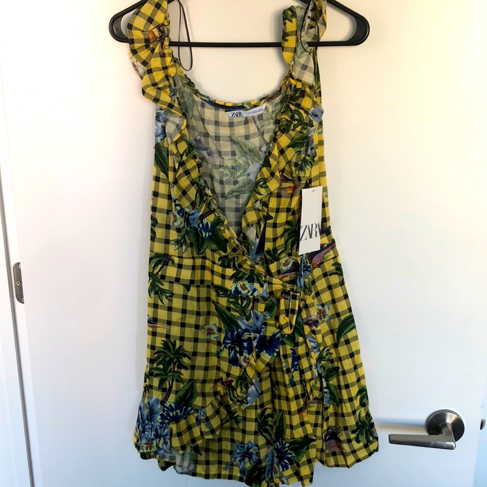 NWT: Yellow Gingham/floral, Wrapped front,Romper